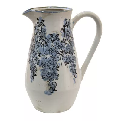 Clayre & Eef Wasserkrug 2000 ml Blau Beige Keramik Blumen Wasserkanne Deko Accessoires