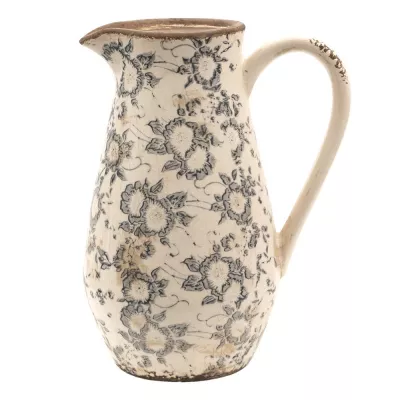 Clayre & Eef Wasserkrug 20x14x25 cm Grau Beige Keramik Blumen Wasserkanne Deko Accessoires