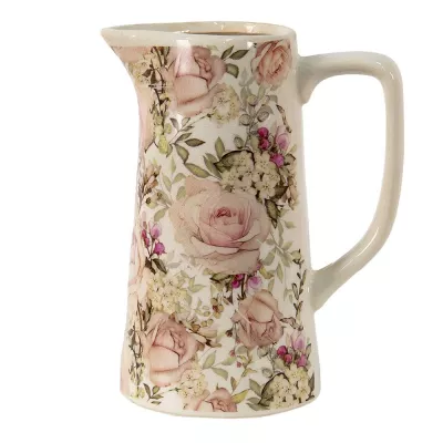 Clayre & Eef Wasserkrug 2100 ml Rosa Keramik Blumen Wasserkanne Deko Accessoires