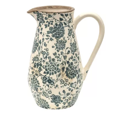 Clayre & Eef Wasserkrug 25 cm Grün Beige Keramik Blumen Wasserkanne Deko Accessoires