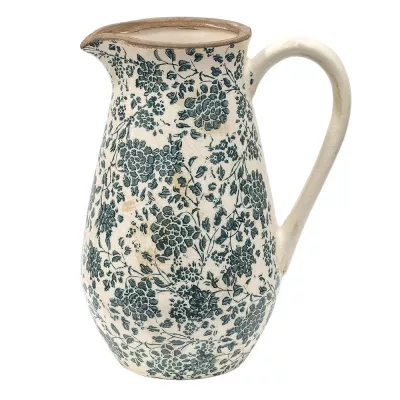Clayre & Eef Wasserkrug 30 cm Grün Beige Keramik Blumen Wasserkanne Deko Accessoires