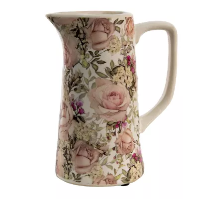 Clayre & Eef Wasserkrug 750 ml Rosa Keramik Blumen Wasserkanne Deko Accessoires