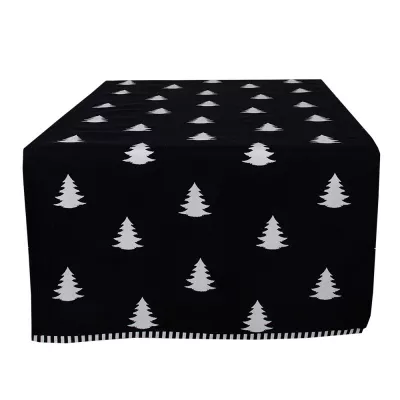 Clayre & Eef Weihnachtlicher Tischläufer 50x140 cm Schwarz Weiß Baumwolle Weihnachtsbäume Rechteck Tischdecke