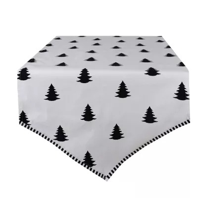 Clayre & Eef Weihnachtlicher Tischläufer 50x160 cm Weiß Schwarz Baumwolle Weihnachtsbäume Tischdecke