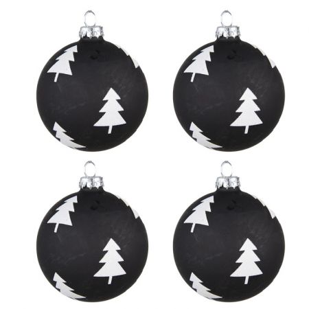 Clayre & Eef Weihnachtsbaum deko 4er-Set Ø 8 cm Schwarz Weiß Glas Weihnachtsbaum