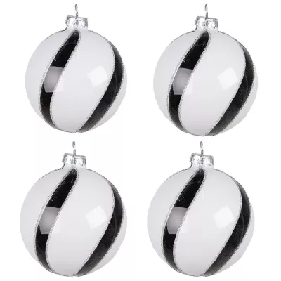 Clayre & Eef Weihnachtsbaum deko 4er-Set Ø 8 cm Weiß Schwarz Glas streifen