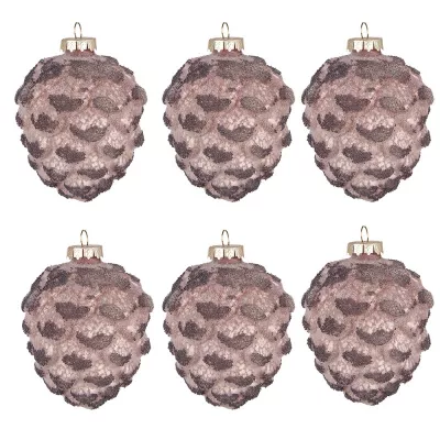 Clayre & Eef Weihnachtskugeln 6er Set Tannenzapfen Ø 8 cm Rosa Glas