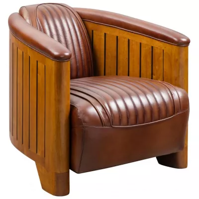 "Nautic" Art Deco Stil Sessel, Mahagoni Clubsessel aus Vollleder