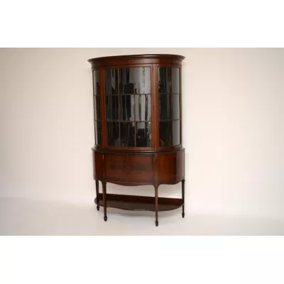 Antike Edwardian Bow Fronted Mahagoni Intarsien Vitrine