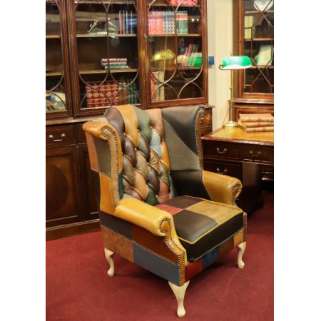 Chesterfield Ohrensessel "Fun Wing Chair" - Ledersessel mit Patchwork