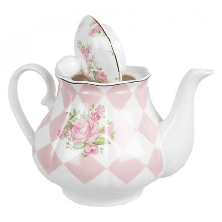 Clayre & Eef Teekanne 1000 ml Rosa Weiß Porzellan Rosen