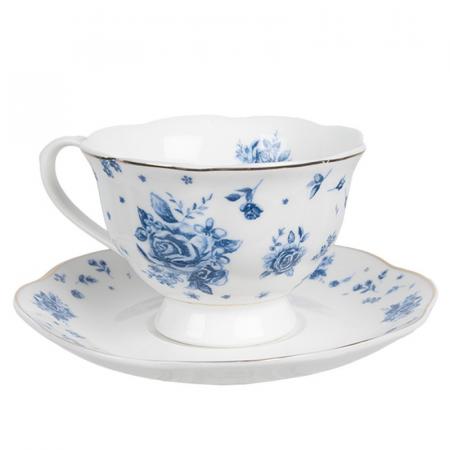 Clayre & Eef Tasse mit Untertasse 200 ml Weiß Blau Porzellan Rosen