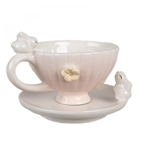 Clayre & Eef Tasse mit Untertasse 200 ml Rosa Keramik Kaninchen