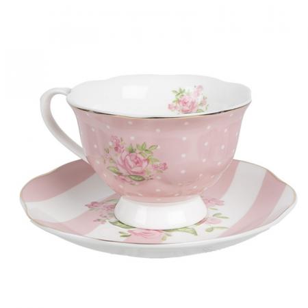 Clayre & Eef Tasse mit Untertasse 200 ml Rosa Weiß Porzellan Rosen