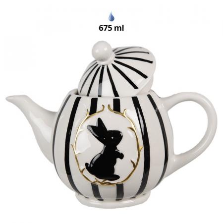 Clayre & Eef Teekanne 675 ml Weiß Schwarz Keramik Kaninchen Kanne für Tee