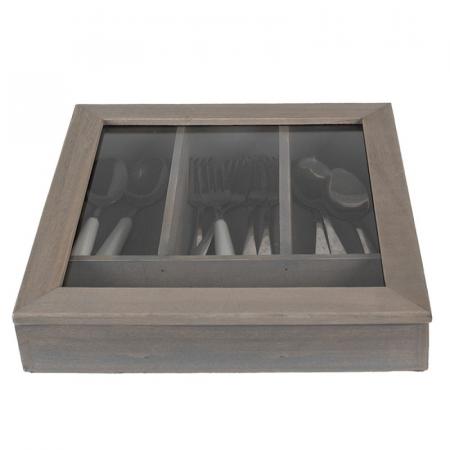 Clayre & Eef Besteckkasten 30x30x8 cm Grau Holz Glas Quadrat Besteckhalter