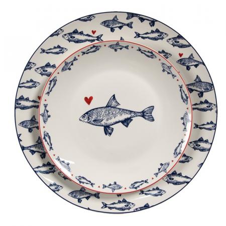 Clayre & Eef Speiseteller Ø 26 cm Weiß Blau Porzellan Fische Essteller