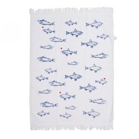 Clayre & Eef Gästehandtuch 40x66 cm Weiß Blau Baumwolle Fische Toiletten Handtuch