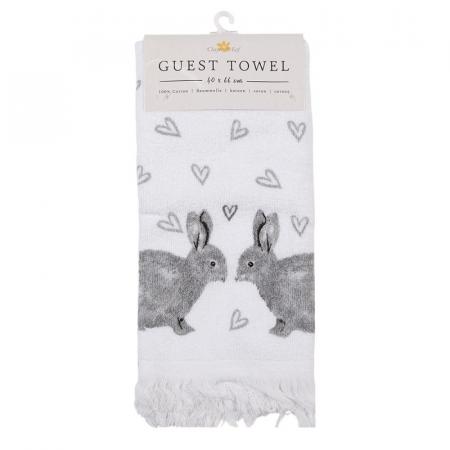 Clayre & Eef Gästehandtuch 40x66 cm Weiß Grau Baumwolle Kaninchen Toiletten Handtuch