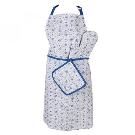 Clayre & Eef Ofenhandschuh 18x30 cm Weiß Blau Baumwolle Rosen