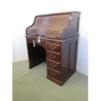 Antiker Mahagoni Rollstop -Schreibtisch mit Knieausschnitt & Rollverschluss – ca. 1910