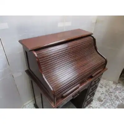 Antiker Mahagoni Rollstop -Schreibtisch mit Knieausschnitt & Rollverschluss – ca. 1910