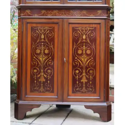 Edwardianische Mahagoni-Eckvitrine mit Intarsien & Unterschrank – Antik, ca. 1900-1910