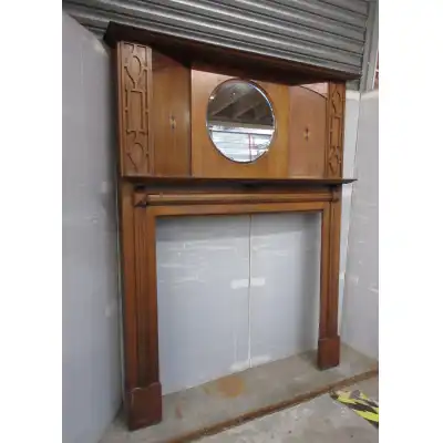 Mahagoni Kaminumrandung mit Einlegearbeit & Spiegel – Antik von 1910