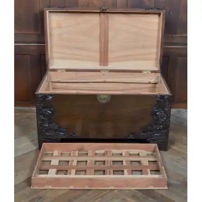 Truhe Antik aus Kampferholz | Chinesische Deckenbox mit Schnitzereien