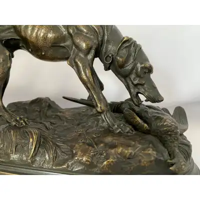 Antike Bronze Skulptur eines Jagdhundes – Jules Moigniez, ca. 1870