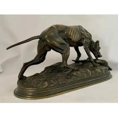 Antike Bronze Skulptur eines Jagdhundes – Jules Moigniez, ca. 1870