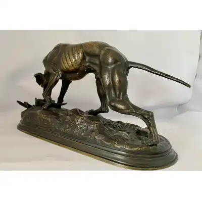 Antike Bronze Skulptur eines Jagdhundes – Jules Moigniez, ca. 1870