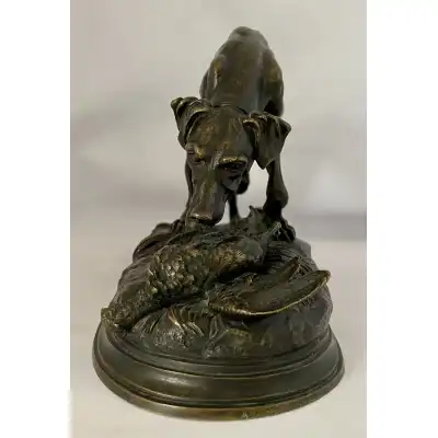 Antike Bronze Skulptur eines Jagdhundes – Jules Moigniez, ca. 1870
