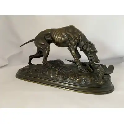 Antike Bronze Skulptur eines Jagdhundes – Jules Moigniez, ca. 1870