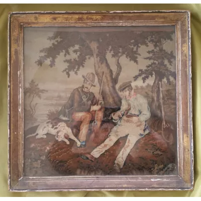 Antike Wollstickerei Gemälde Wanddekoration Rahmen um 1850