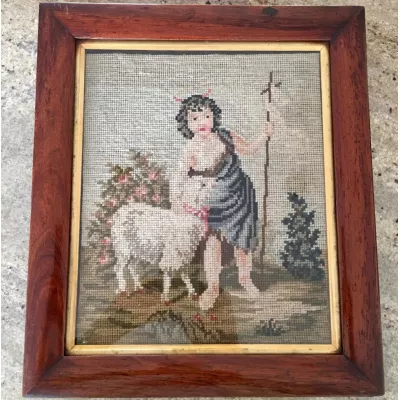 Viktorianische antike Stickerei Näharbeit Gemälde Bild Palisander Rahmen 1850