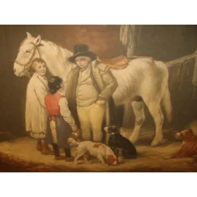 Viktorianischer Druck nach Shayler von Pferd und Hunden in einer Scheune aus der Mitte des 19.JH