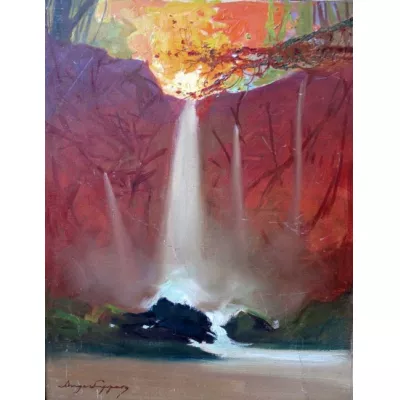 Französisches Ölgemälde der Reunion Insel von 1910 la Bernica Wasserfall von ange Jacques supparo (1870-1948)