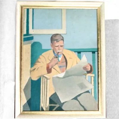 Portraits eines Großvaters, der Pfeife raucht von ca. 1930 Ölgemälde