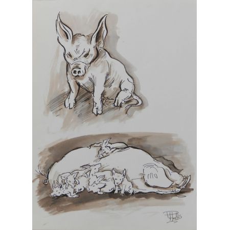 Antikes britisches Gemälde Schweine von Peter Hobbs Sepia Ton Aquarell von ca. 1950