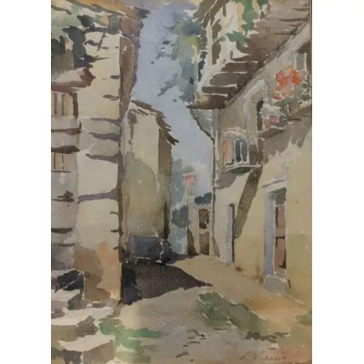Dorfansicht - antikes Aquarell von ca. 1930