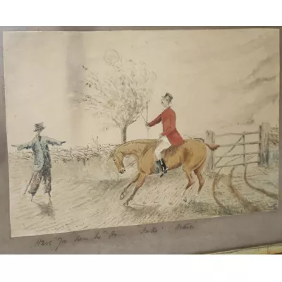 Antikes edwardianisches englisches humorvolles Fuchsjagd Aquarell von ca. 1900