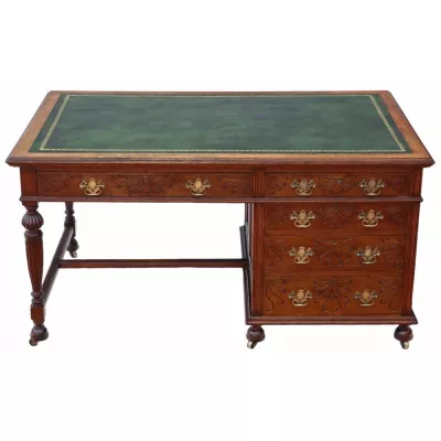Antiker Viktorianischer Pedestal Schreibtisch Eiche, 1900