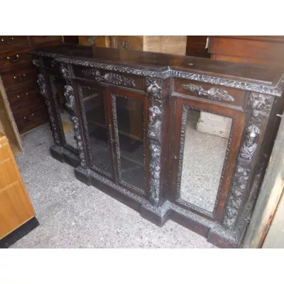 Antiker geschnitzter Original Victorian Breakfront Bücherschrank, Eiche, 1870