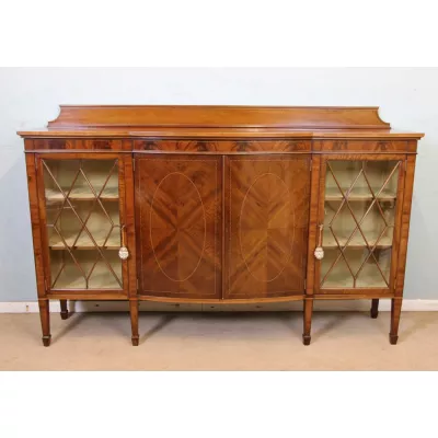 Edwardianisches Antik Mahagoni eingelegtes Bug-Fronted abgerundetes Bücherregal Vitrine von ca. 1900
