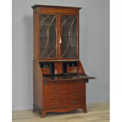 Attraktiver großer edwardianischer eingelegter Mahagoni Sekretär mit Bücherschrank Aufsatz aus dem Beginn des 20. JH