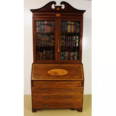 Edwardianischer Intarsien Mahagoni Sekretär mit Bücherregal Aufsatz von ca. 1900