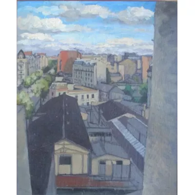 Englisches antikes Ölgemälde auf Leinwand, Blick auf die Stadt Paris, 1950