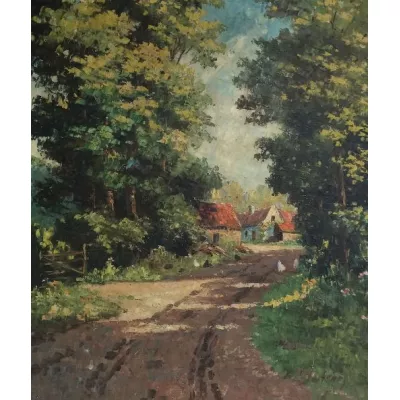 Tolles Ölgemälde, Hühner auf einer Landstraße, 1910