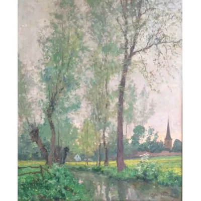 Antikes Ölgemälde, Ein Fluss im Sommer, 1930, Oswald Poreau